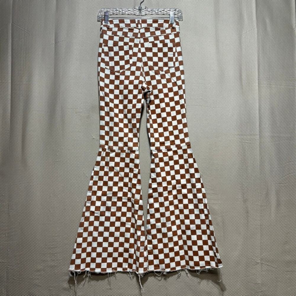 Blue B Collection Checkerboard Bell Bottom Jeans Women's Small Brown White Flare - Picture 8 of 8